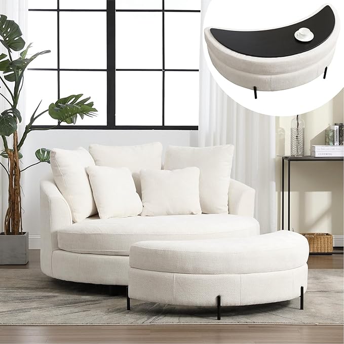 Chifee & Vingol 59.8" W Oversized Accent Barrel Chair Large Round Chair with Ottoman & Movable Wheels,Beige