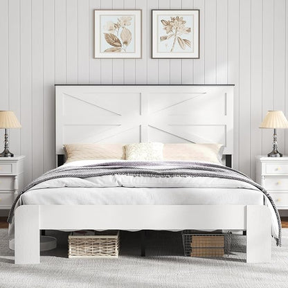 Wooden Bed Frame Queen Size with Headboard, Farmhouse Platform Bedframe with Wood Slat Support, Sturdy Framework Bed Frame, Easy Assembly (Rustic White)