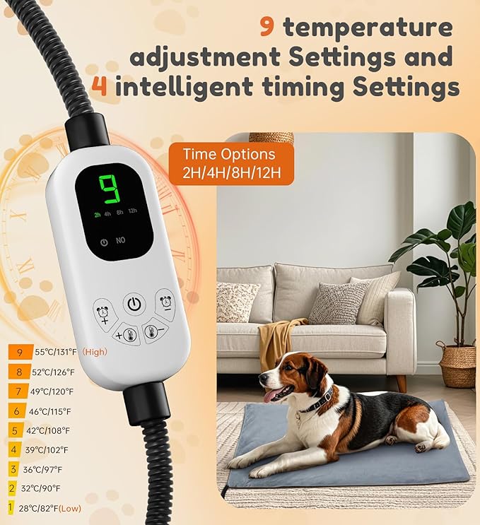 HOPET Dog Cat Heating Pad with Adjustable Temperature Timer, Waterproof Heated Dog Cat Bed with Chew Resistant Cord, Indoor/Outdoor Electric Heating Pad for Dog House,Rescue Cats,Grey,27x15 in
