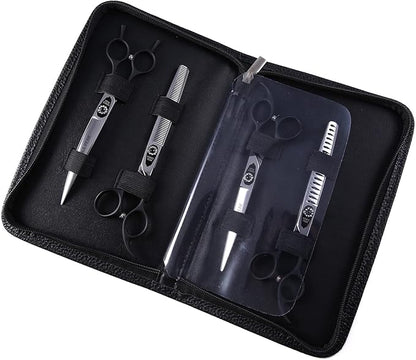 Fenice Peak 7.0'' Professional Dog Grooming Scissors Set with Black Non-Slip Handle 440C Stainless Steel Straight Thinning Curved Chunker Shears 4pcs Set for Pet Grooming Services