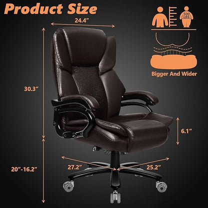 500lbs Big and Tall Office Chair with Dual Rubber Wheel and Pocket Spring Cushion, Comfy Heavy Duty Office Chair for Low Back Pain Relief, Large Executive Desk Chair with Adjustable Lumbar Support