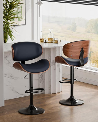 Aowos Bar Stools, Adjustable Swivel Leather Bar Stools for Kitchen Island, Mid Century Modern Counter Height Bar Chairs Barstools with Back & Footrest (Blue 1PCS)