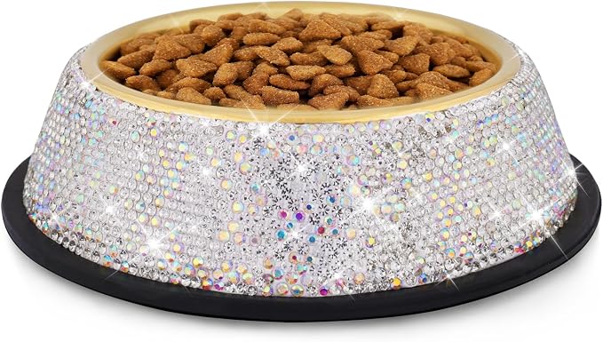 Sparkly Full Rhinestones Designed Gold Plated Stainless Steel Cat Bowl - Stylish and Practical Diamond Food Water Dishes Bowls for Dogs Cats Rabbits