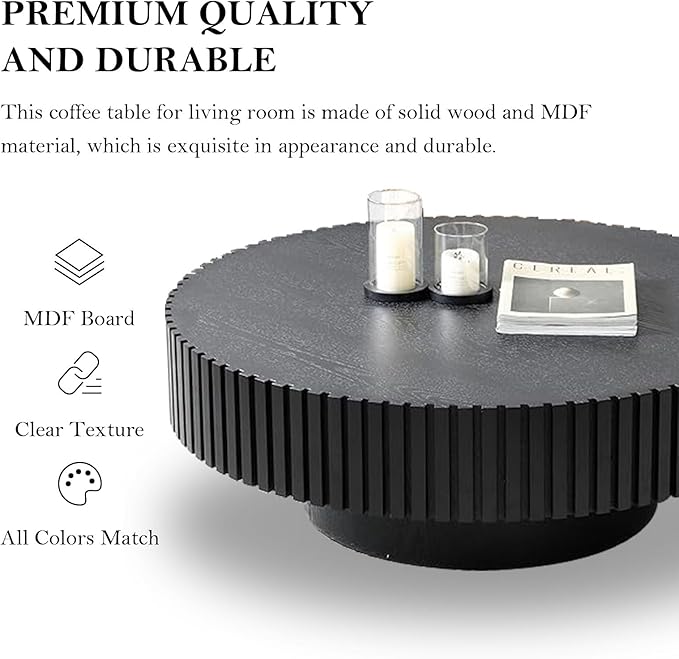 Round Coffee Table, Handcrafted Fluted Drum Coffee Tables Modern Wood Coffee Table Circle Drum Center Table for Living Room, Apartment (Round Black)