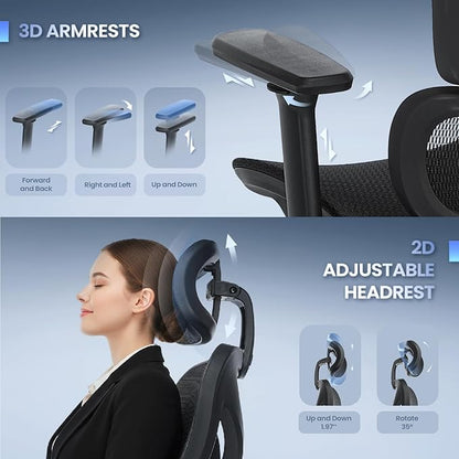 MALOL Ergonomic Office Chair with Footrest, Mesh Home Office Computer Chair with Adjustable Headrest and 3D Arms, Backrest Height, Tilt Lock and Lumbar Support, 300LBS