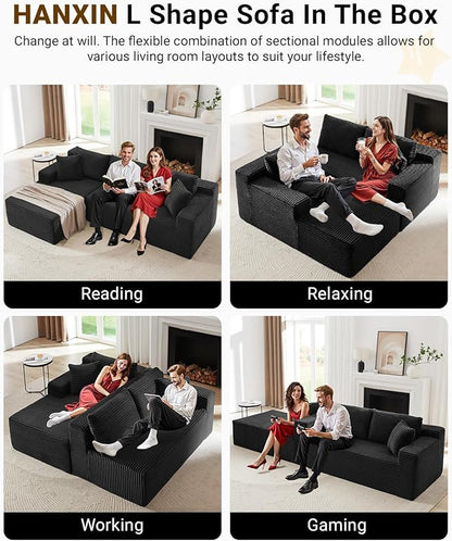 105 Inch Cloud Sectional Couch,Modern Modular Sectional Sofa with Deep Seat,Corduroy Boneless Couches with L-Shape Chaise for Living Room Bedroom,No Assembly Required (Black, Left Facing Chaise)