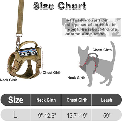 Tactical Cat Harness and Leash for Walking Esacpe Proof,Adjustable Soft Mesh Large Cat Vest with Rubber Handle Easy to Control,Molle Patches