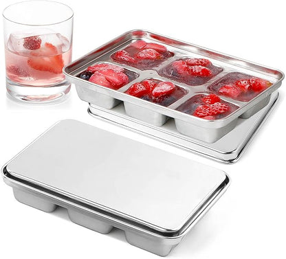 Ice Cube Tray with Lid, 2 Pack 12 Big Cubes, Stainless Steel Ice Cube Trays