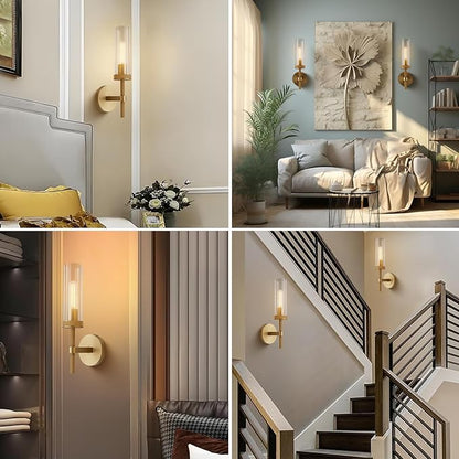 14" Bathroom Vanity Wall Sconces, Gold Wall Sconces Set of Two,Glass Tube Sconces Wall Lighting Indoors,Wall Lights for Mirror, Living Room, Bedroom, Hallway