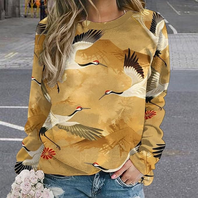 Womens Long Sleeve Tops Y2k Japanese Art Print Sweatshirts Fall Pullover for Women Crewneck Vintage Shirts Boho Tops