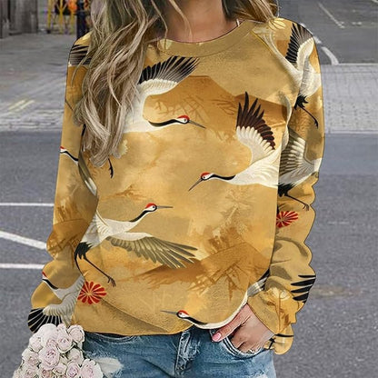 Womens Long Sleeve Tops Y2k Japanese Art Print Sweatshirts Fall Pullover for Women Crewneck Vintage Shirts Boho Tops