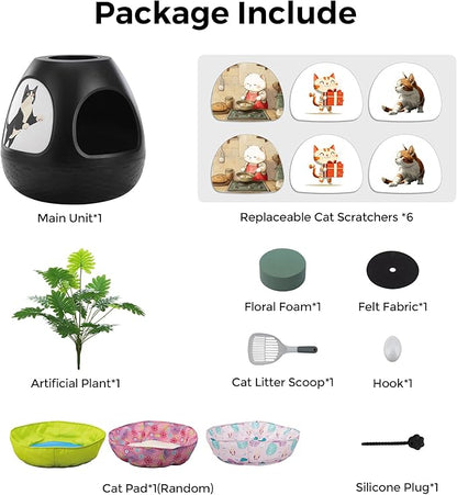 Copod8 Cat Cave, 3-in-1 Kitty House Condo with Plant, Cat Cushioned Bed, Cat Scratchers, Modern Cat Pet Furniture for Indoor, Kitty Hiding Spot (Black, M)
