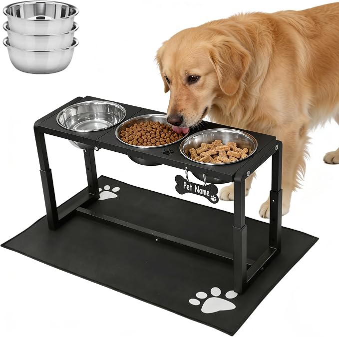 Metal Elevated Dog Bowls for Medium/Large Breed, 3 Adjustable Height(8.8''/11.5''/14'') Raised Dog Bowls Stand with Three 58oz Large Stainless Steel Dog Bowls, with The Splash pad