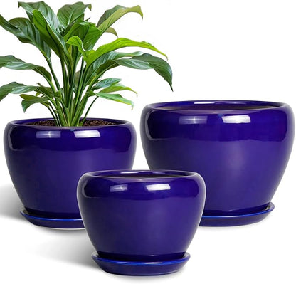 Flower Pots for Indoor Plants- Ceramic Pots for Plants 10 Inch 8 Inch 6 Inch Plant Pots with Drainage Holes and Saucers Decorative Large Planters for Outdoor Plants Set of 3 Blue