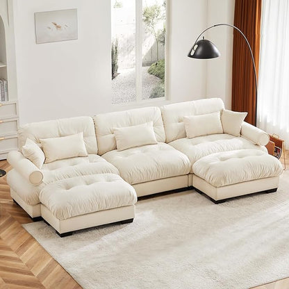 130" Oversized 3 Seater Modular Sectional Sofa, Beige White Large U Shaped Sectional Couches for Living Room, Fluffy Couch Set, Velvet Cloud Couch with Ottoman