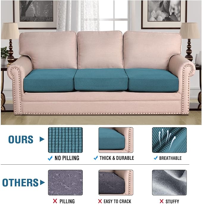 H.VERSAILTEX Super Stretch Individual Seat Sofa Covers Couch Slipcover Sets Thick Jacquard Textured Twill Fabric (3 Piece Sofa Cushion Covers, Storm Blue)