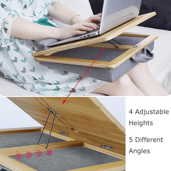 SUMISKY Adjustable Lap Desk-Portable Laptop Stand with Cushion, Bamboo Platform with Phone Holder, Wrist Pad Fits up to 15.6 Inch Laptops