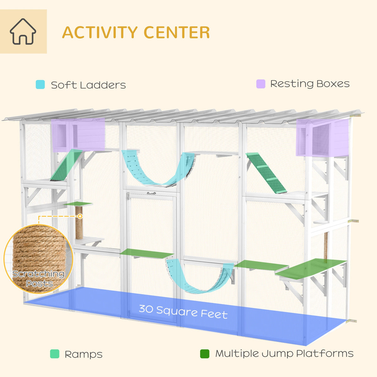 118" Large Outdoor Catio Cat Enclosure with Condos, Bridges & Posts, White