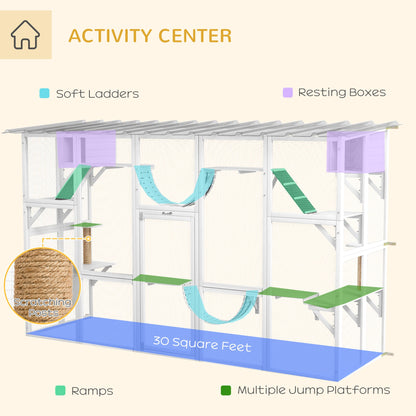 118" Large Outdoor Catio Cat Enclosure with Condos, Bridges & Posts, White