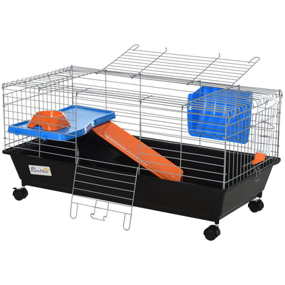 35"L Small Animal Cage with Food Dish, Water Bottle, Hay Feeder, Platform, Ramp for Chinchilla, Black