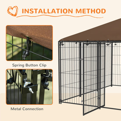 6.9 x 6.9 x 5 Outdoor Dog Kennel with Canopy Garden Playpen Fence Crate Enclosure Cage Rotating Bowl, Coffee