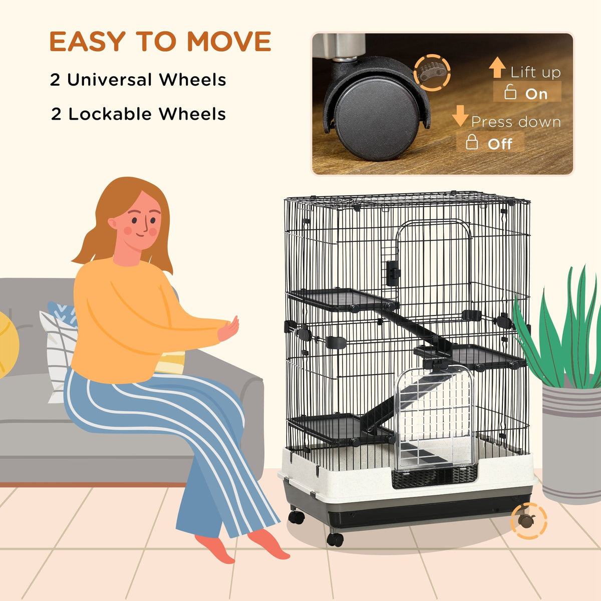 32"L 4-Level Small Animal Cage Rabbit Hutch with Universal Lockable Wheels, Slide-out Tray for Bunny, Chinchillas, Ferret, Black
