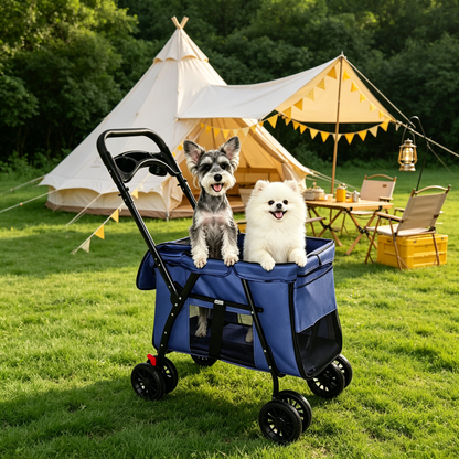 Pet Stroller, Foldable 4-Wheel Design, Breathable Mesh Dog Cat Stroller with Shockproof Wheels, Brake System, Storage Tray, 2 Fixed Safety Leashes, Large Space for Small Medium Pets, Navy Blue