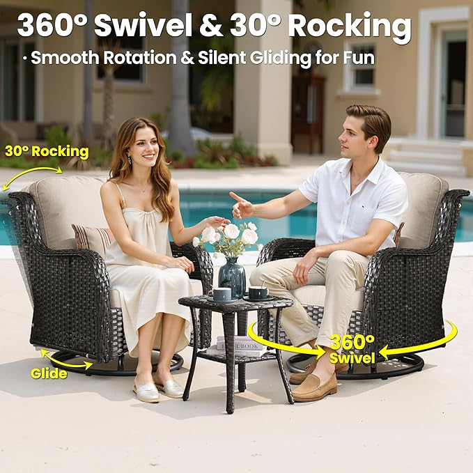 ovios 8 Pieces Patio Furniture Set, Outdoor Wicker Sofa Couch with Swivel Chairs 42" Fire Pit Table, High Back Modern All Weather Conversation Sets, Brown Rattan, Beige