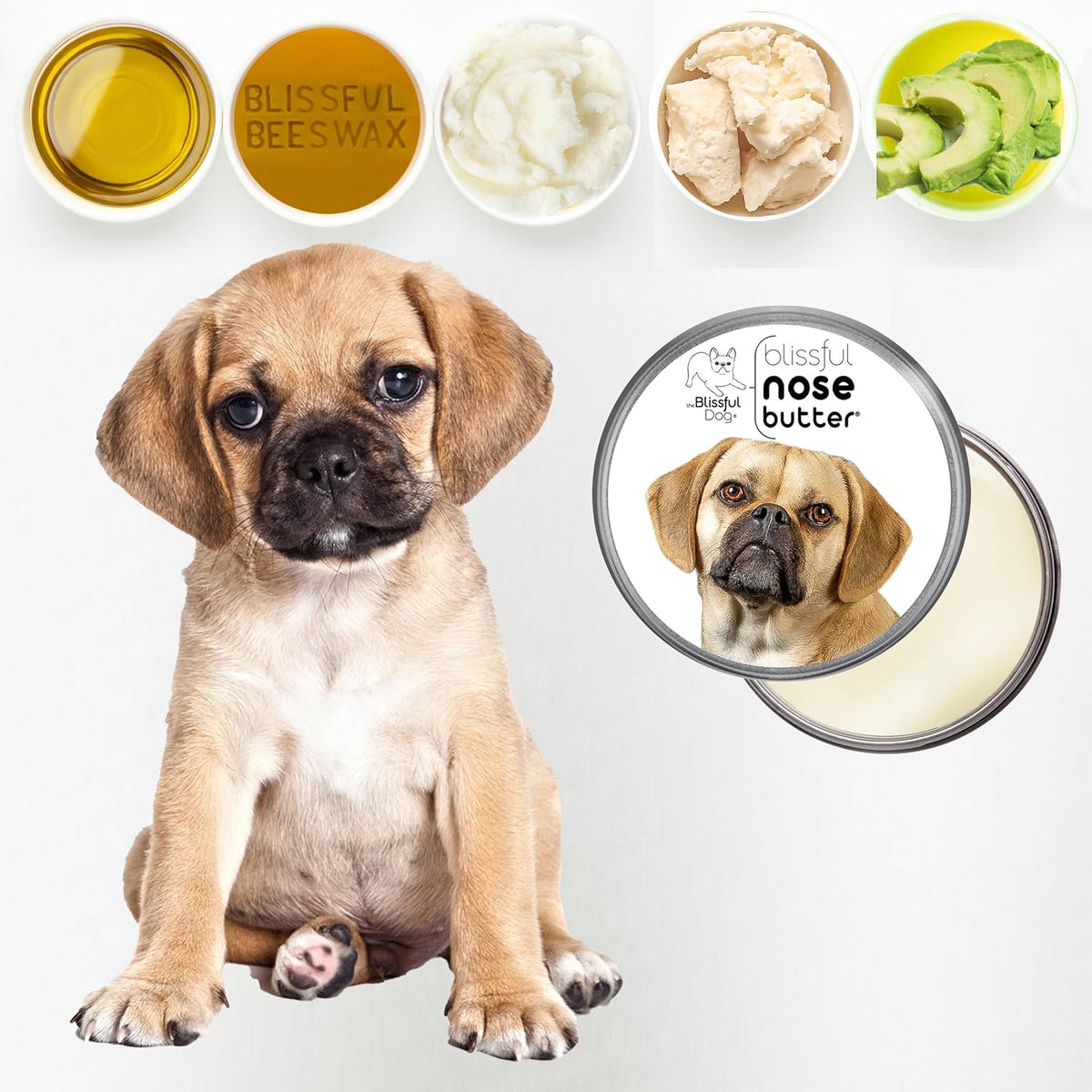 The Blissful Dog Puggle Nose Butter for Dry, Cracked Skin, Lick-Safe Dog Nose Balm with Moisturizing Shea Butter, Almond, Olive, and Essential Oils, Pet Supplies, Uncented, 2 oz.