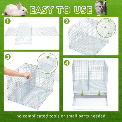 Folding Rabbit Cage, 18 x 18 x 14 in Portable Bunny Carrier with Tray and Handles for Transport, Trave or Temporary Housing, Indoor Outdoor Pet Habitat Animal Enclosure