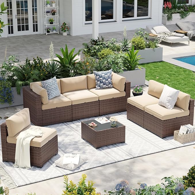 Aoxun Patio Furniture Sets, 7-Piece Outdoor Patio Furniture with Thick Cushions, Wicker Outdoor Conversation Set Sectional Sofa for Backyard, Poolside, Garden