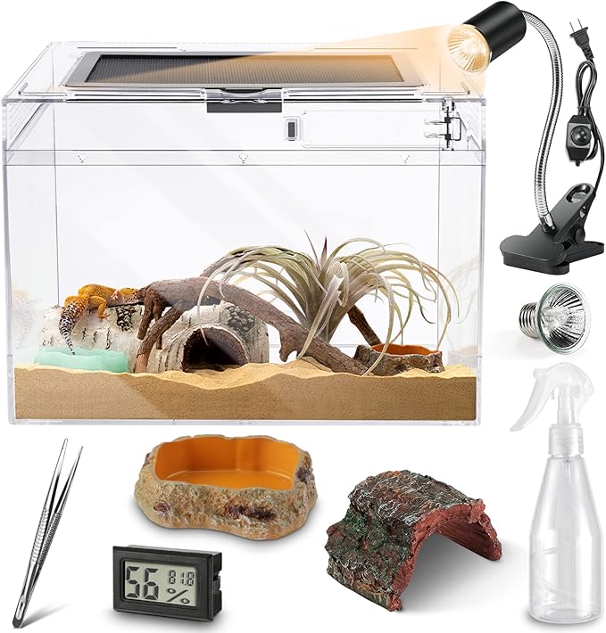 HELIME Reptile Polycarbonate Terrarium Kit 7 Piece Starter Habitat for Tarantula,Lizards,Frogs,Geckos,or Hermit Crabs,Tank with Escape-Proof Locking Lid,Light,Hygrometer,Hide,Tweezer,Bowl,Sprayer