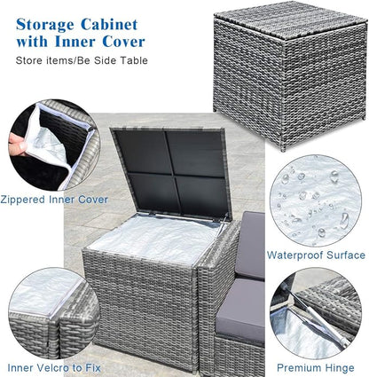 HAPPYGRILL 8 Pieces Patio Conversation Set Outdoor Rattan Furniture Set Sectional Wicker Sofa Set with Cushions and Storage Table for Backyard Garden Poolside