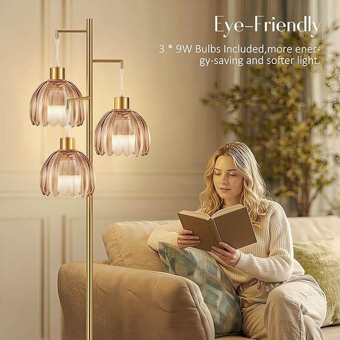 COTTHOS Floor Lamp for Living Room, Modern Standing Lamp Brass Glass Green Tree 3 Light Tall Floor Lamps for Bedroom & 800 Lumens LED Bulbs, Vintage Flower Lamp Shade Farmhouse Boho Bohemian Gold