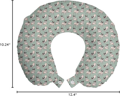 Ambesonne Pug Travel Pillow Neck Rest, Dogs Various States Sitting Standing Stretching Cartoon Style Pet Drawing, Memory Foam Traveling Accessory for Airplane and Car, 12", Turquoise