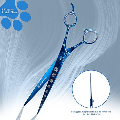 Professional Dog Grooming Scissors Set of Straight, Curved, Thinner/Blender and Chunker Shears with Paw Prints for Dogs, Cats & Pets (Right Handed, Blue, Stainless Steel 8 Inch)