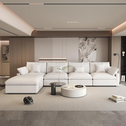 156" Cloud Couch Modular Sectional Sofa with Ottoman,L Shaped Down Couch, Down Filled Convertible Sofa,Cover Washable and Replaceable Couches for Living Room,White