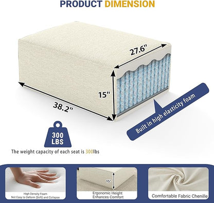 38“ Modular Sectional Sofa Convertible Cube Compressed Couch Seat Set, Combine L-Shaped U-Shaped, Free Assembly, Space-Saving for Living Room, Thick Foam Fabric Chenille Beige White (Only Ottoman)