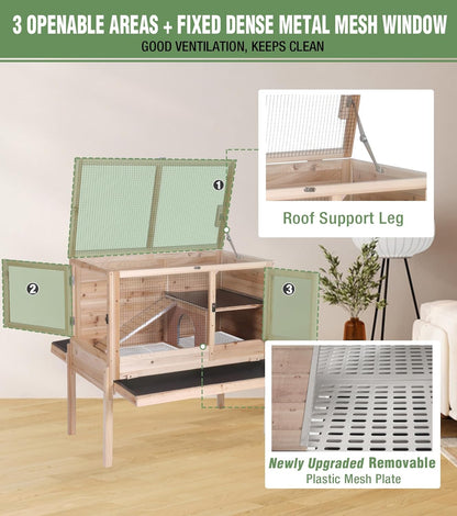 GUTINNEEN Guinea Pig Cage Rabbit Cage Indoor with Chew-Proof Edges, Clean Deep Tray, Leakproof PVC Layer, Small Animals Cage with Adjustable Legs - Natural Wood Color