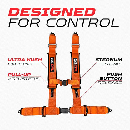 1pc 50 Cal Orange 4 Point Harness 2in Straps, Racing Harness Seat Belt | Ultra Kush padding, Push Button quick release hardware. Universal Fit for UTV, RZR, race car.