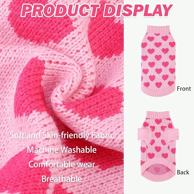 KOOLTAIL Cat Sweater Turtleneck- Soft Pink Knit Cat Sweaters for Cats Only, Heart Love Pattern Thick Warm Cold Weather Clothes, Valentine's Day Pet Outfit for Small Medium Large Size Kitten Puppy Girl