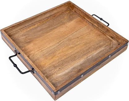 20"x20" Extra Large Square Ottoman Tray, Heavy Duty Mango Wood, for Serving Tea, Breakfast in Bed, Living Room Large Coffee Table Tray Rustic with Farmhouse Style, Decorative Handles and Accent Strap