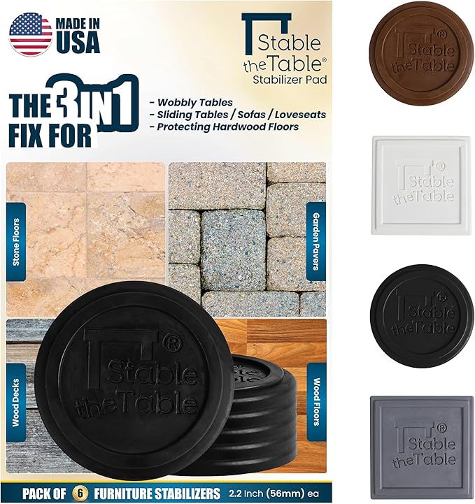 Stable the Table-6 Pack-Black Round, Furniture Leveler & Riser, Anti-Slip Sofa Gripper for Hardwood Floors, Floor Protector, Stacking Furniture Pad, Bed, Desk, Couch, Table Stabilizer, Made in USA