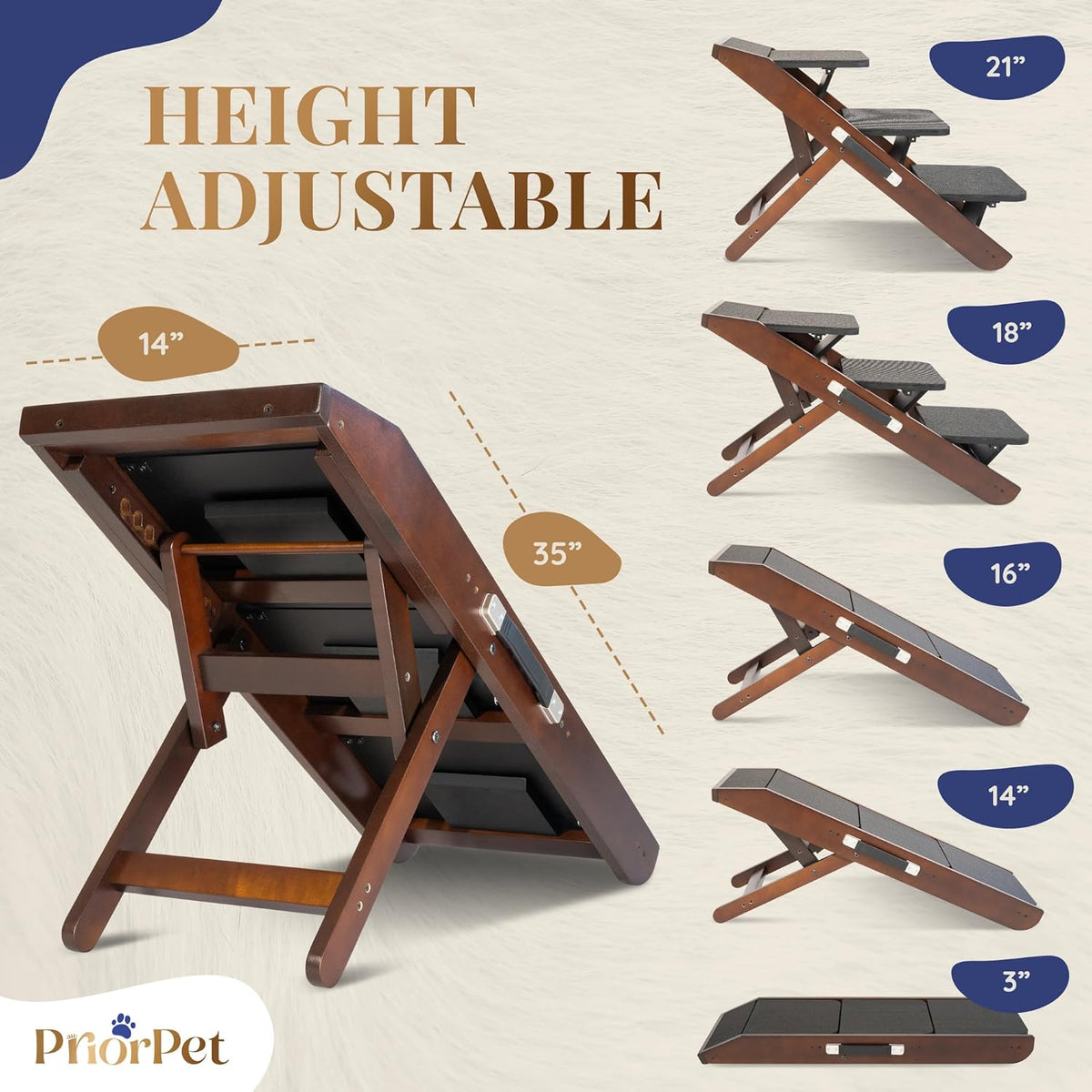 Dog Steps for Bed & Couch 2-in-1 Dog Stairs/Ramp - Height Adjustable Dog Ramp for Couch 7” - 20” - Pet Stairs, Dog Stairs for Small Dogs - Easy to Move Pet Steps with Landing Platform, Walnut