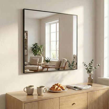 36''x36'' Large Black Square Mirror, Matte Metal Framed Bathroom Vanity Mirror