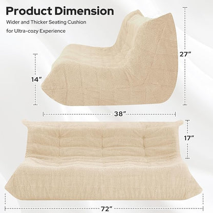 HABUTWAY Bean Bag Chairs Fireside Lazy Floor Sofa, Soft Teddy Fleece 3 Seater Sofa with High-Resilience Foam Filling，Beanbag for Living Room, Bedroom, Office (Khaki Teddy)