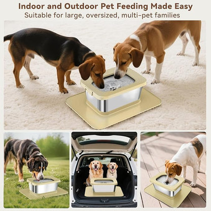 10L No Spill Dog Water Bowl Stainless Steel for Messy Drinkers | Large Capacity Slobber Stopper, Slow Drinking Anti Splash Design, XXL Silicone Mat, For Large Dogs & Multi-pet Homes, Beige