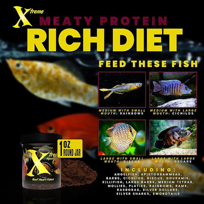 Xtreme Beef Heart Flakes - High Protein, Nutrient-Dense for Tropical & Freshwater Fish, Supports Growth, Color Enhancement, Easy Digestion - Ideal for Discus and Cichlids (1oz)