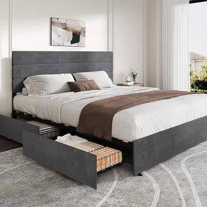 WLIVE King Size Upholstered Bed Frame with 4 Drawers and Velvet Square Tufted Headboard, Sturdy Metal & Wooden Slats Support, No Box Spring Needed, Easy Assembly, Dark Grey