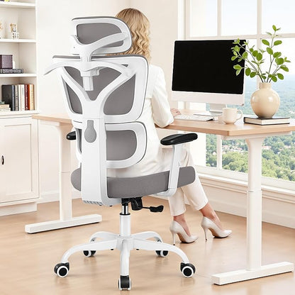 Ergonomic Office Chair High Back Desk Chair with Lumbar Support, Breathable Mesh Computer Chair with Adjustable Armrests Height, Reclining Swivel Big and Tall Gaming Chair for Home Office(Gray)